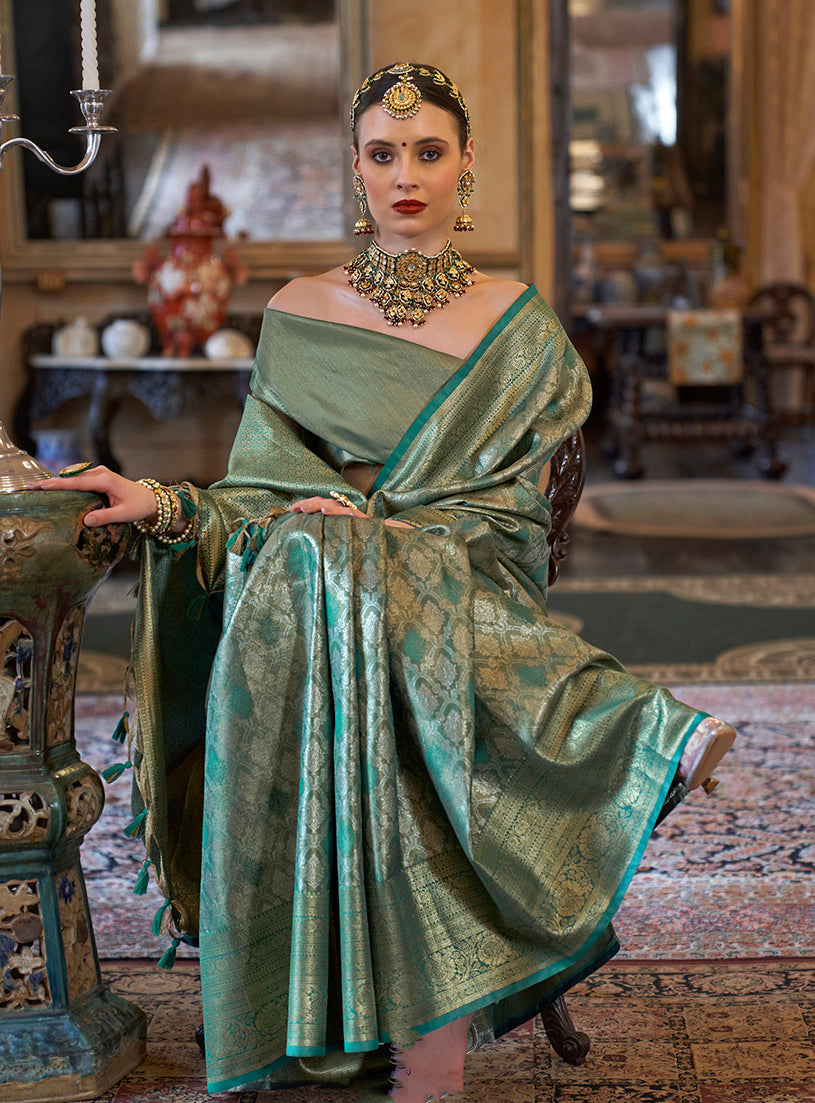 Monjolika Fashion Kanjivaram Silk Blend Classic Saree with Woven Work for Women in Teal | Grocsy