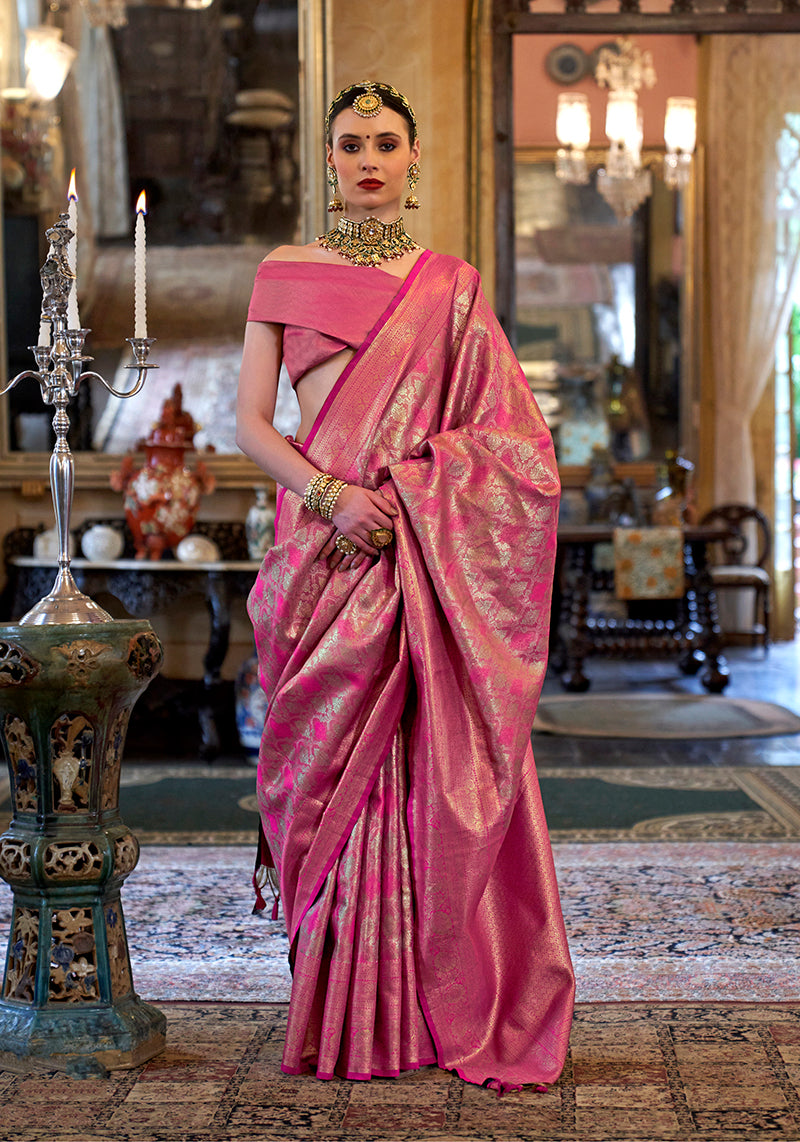 Monjolika Fashion Kanjivaram Silk Blend Classic Saree with Woven Work for Women in Pink | Grocsy