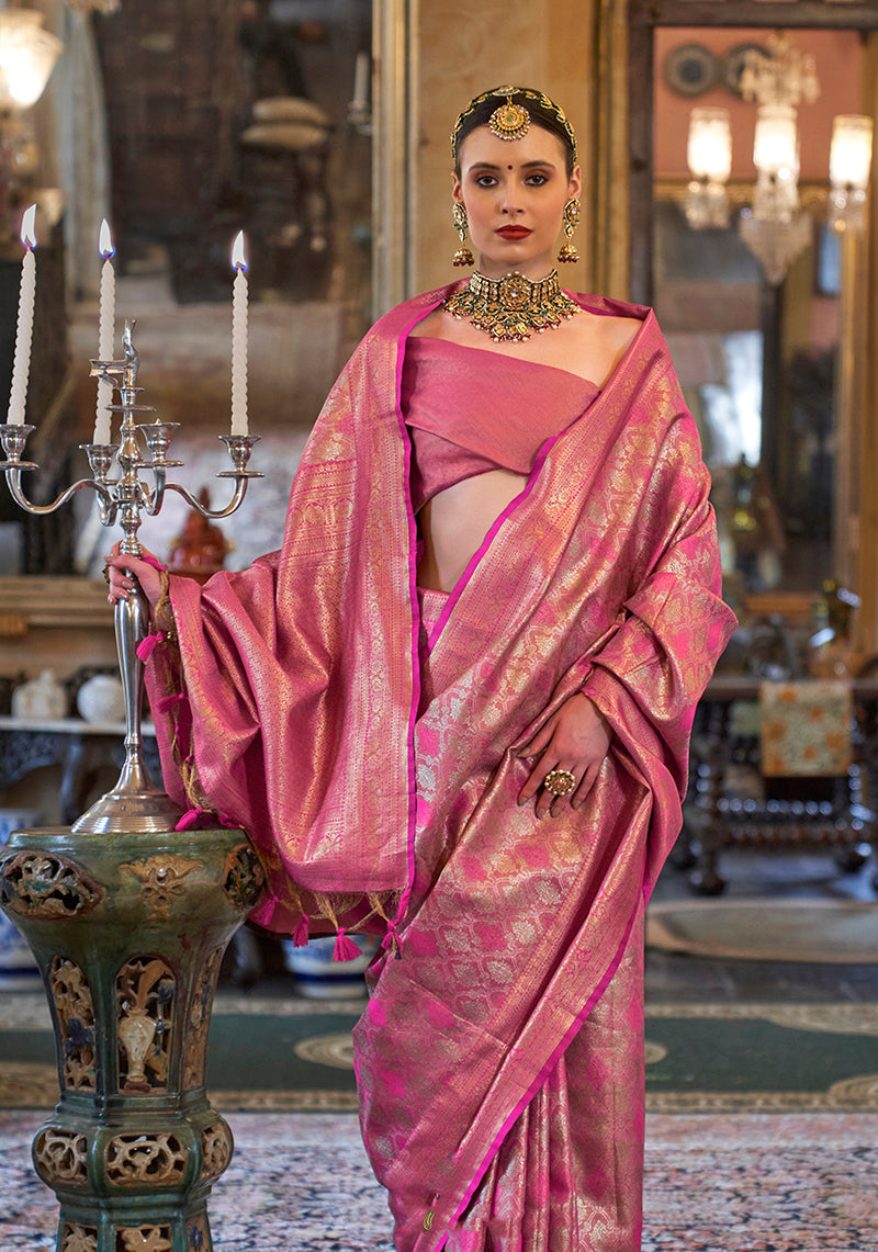 Monjolika Fashion Kanjivaram Silk Blend Classic Saree with Woven Work for Women in Pink | Grocsy