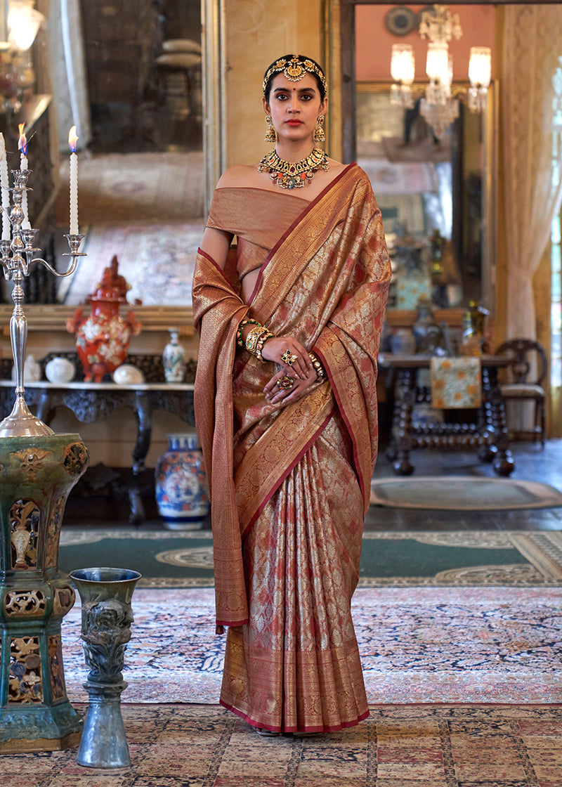 Monjolika Fashion Kanjivaram Silk Blend Classic Saree with Woven Work for Women in Brown | Grocsy