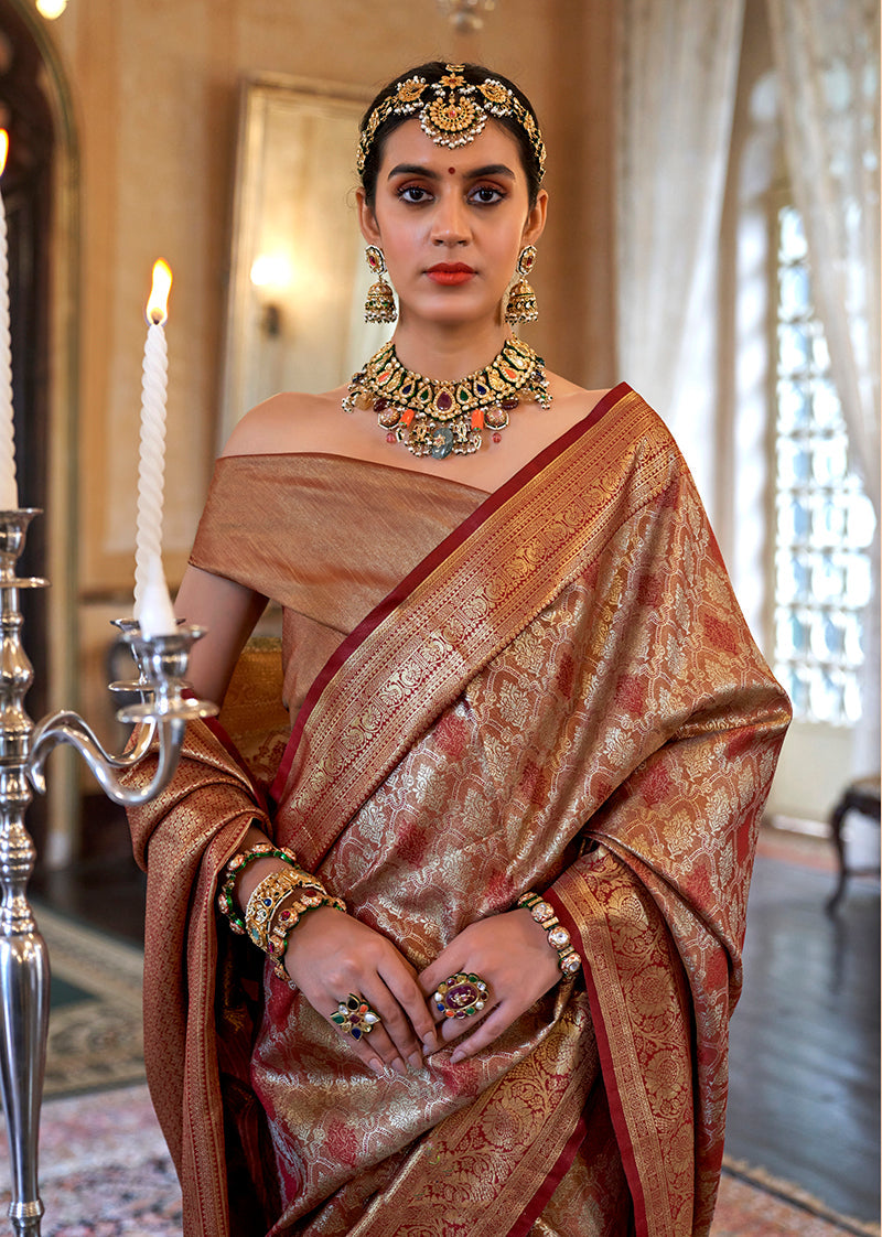 Monjolika Fashion Kanjivaram Silk Blend Classic Saree with Woven Work for Women in Brown | Grocsy