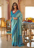 Monjolika Fashion Aqua Blue Printed Silk Blend Party Contemporary Saree | Grocsy