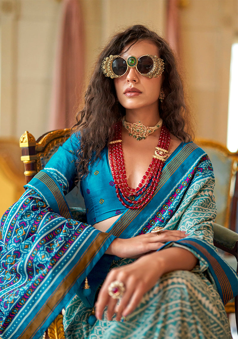 Monjolika Fashion Aqua Blue Printed Silk Blend Party Contemporary Saree | Grocsy