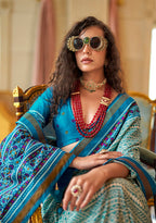 Monjolika Fashion Aqua Blue Printed Silk Blend Party Contemporary Saree | Grocsy
