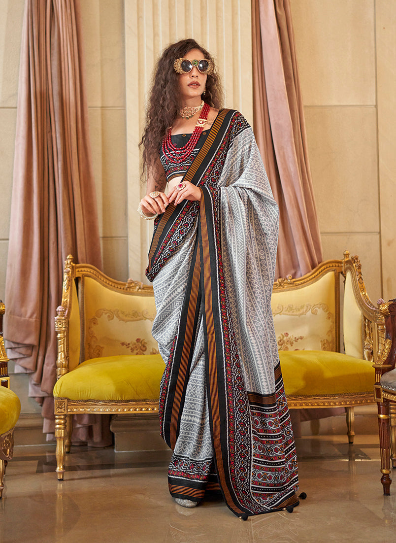 Monjolika Fashion Grey Printed Silk Blend Party Contemporary Saree | Grocsy