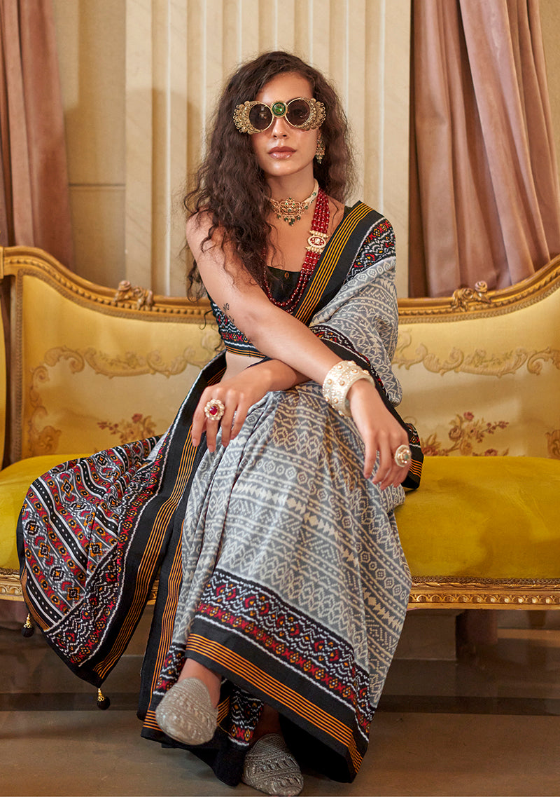 Monjolika Fashion Grey Printed Silk Blend Party Contemporary Saree | Grocsy