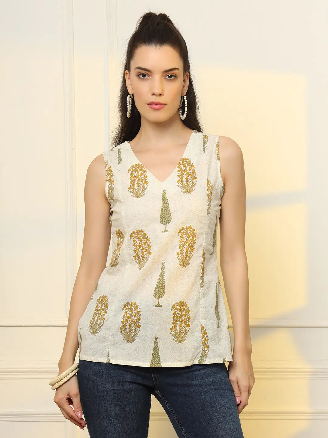 Yufta Mustard Cotton Sleeveless Boxy Top | Grocsy