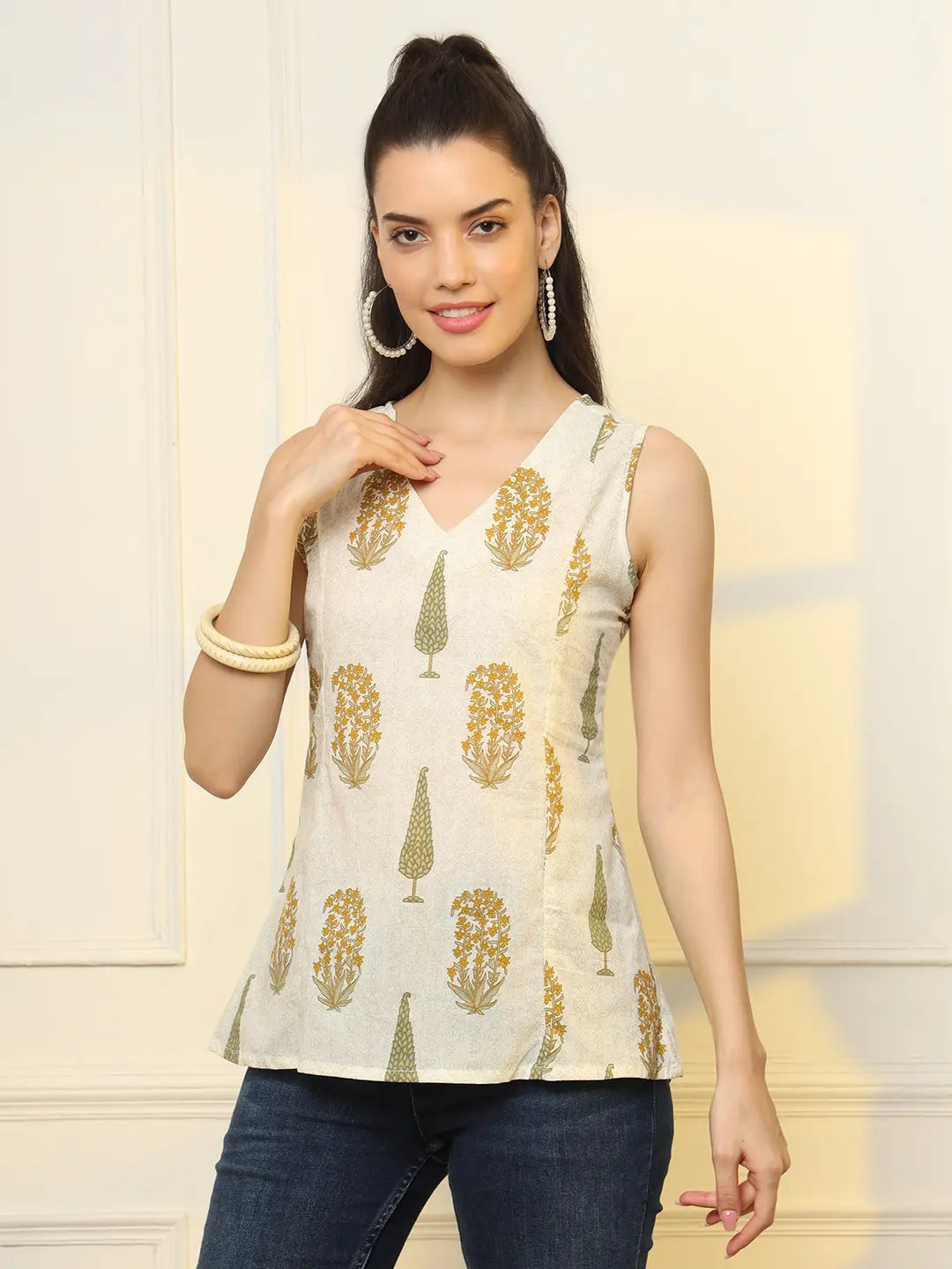 Yufta Mustard Cotton Sleeveless Boxy Top | Grocsy