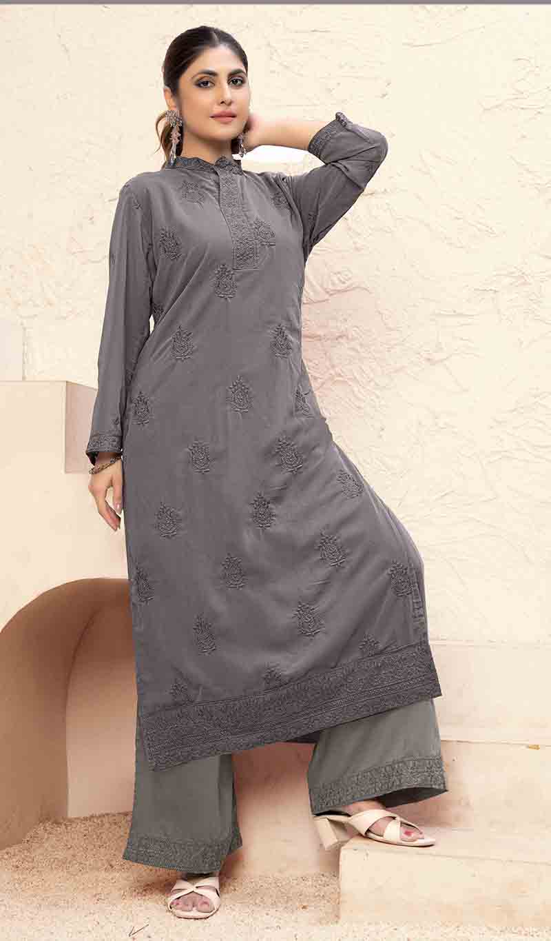 Monjolika Fashion Grey Georgette Embroidered Work Party Pant Style Suit | Grocsy