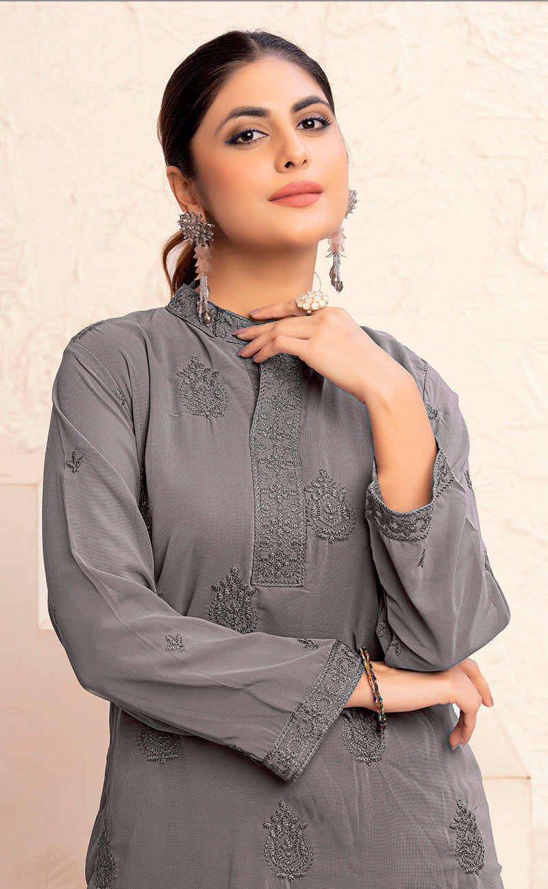 Monjolika Fashion Grey Georgette Embroidered Work Party Pant Style Suit | Grocsy