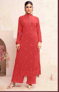 Monjolika Fashion Light Red Georgette Embroidered Work Party Pant Style Suit | Grocsy