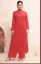 Monjolika Fashion Light Red Georgette Embroidered Work Party Pant Style Suit | Grocsy