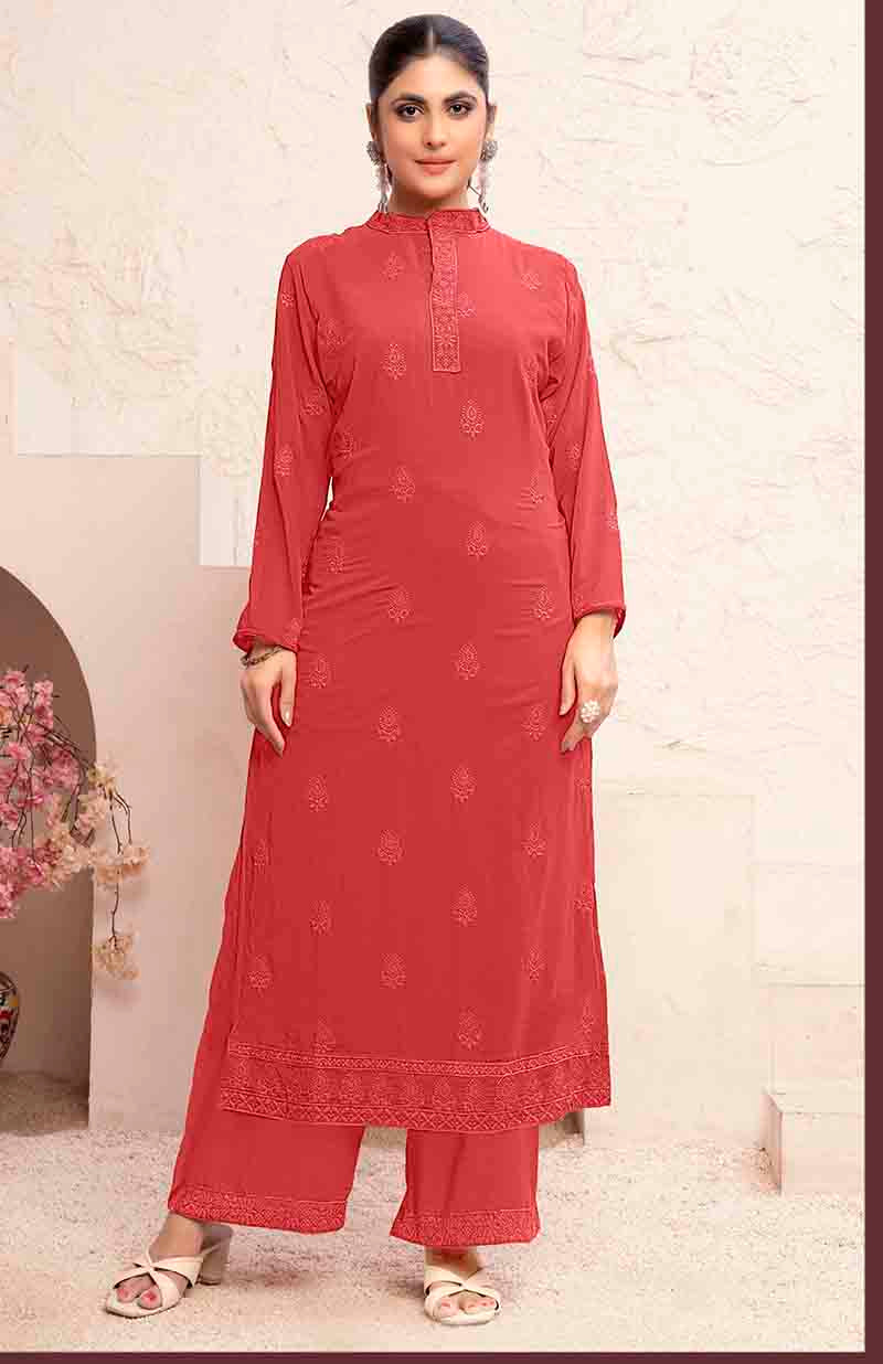 Monjolika Fashion Light Red Georgette Embroidered Work Party Pant Style Suit | Grocsy