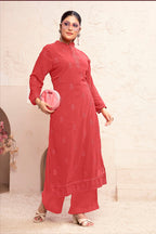 Monjolika Fashion Light Red Georgette Embroidered Work Party Pant Style Suit | Grocsy