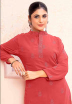 Monjolika Fashion Light Red Georgette Embroidered Work Party Pant Style Suit | Grocsy