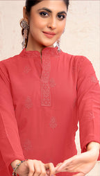 Monjolika Fashion Light Red Georgette Embroidered Work Party Pant Style Suit | Grocsy