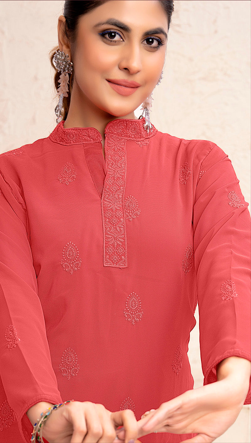 Monjolika Fashion Light Red Georgette Embroidered Work Party Pant Style Suit | Grocsy