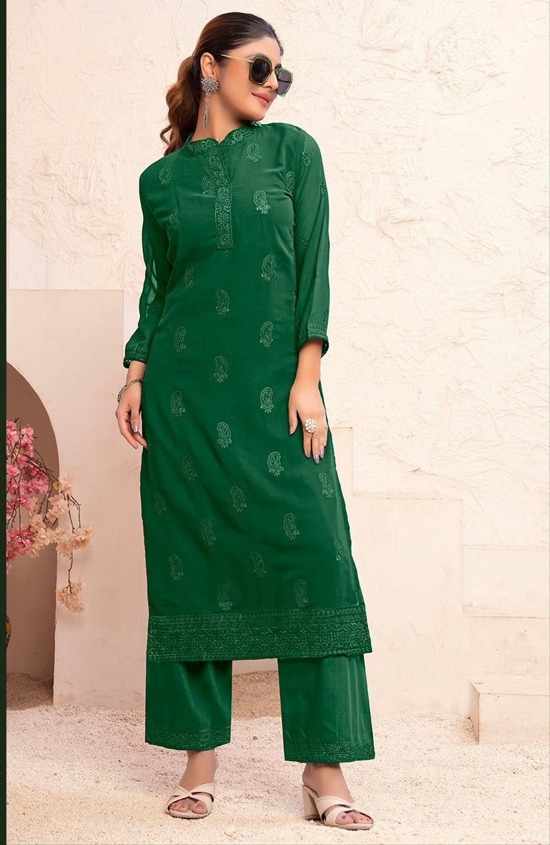 Monjolika Fashion Dark Green Georgette Embroidered Work Party Pant Style Suit | Grocsy
