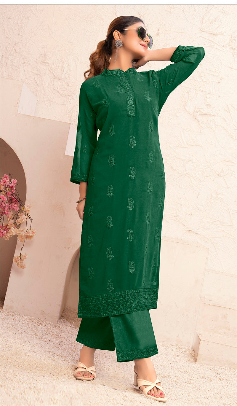 Monjolika Fashion Dark Green Georgette Embroidered Work Party Pant Style Suit | Grocsy