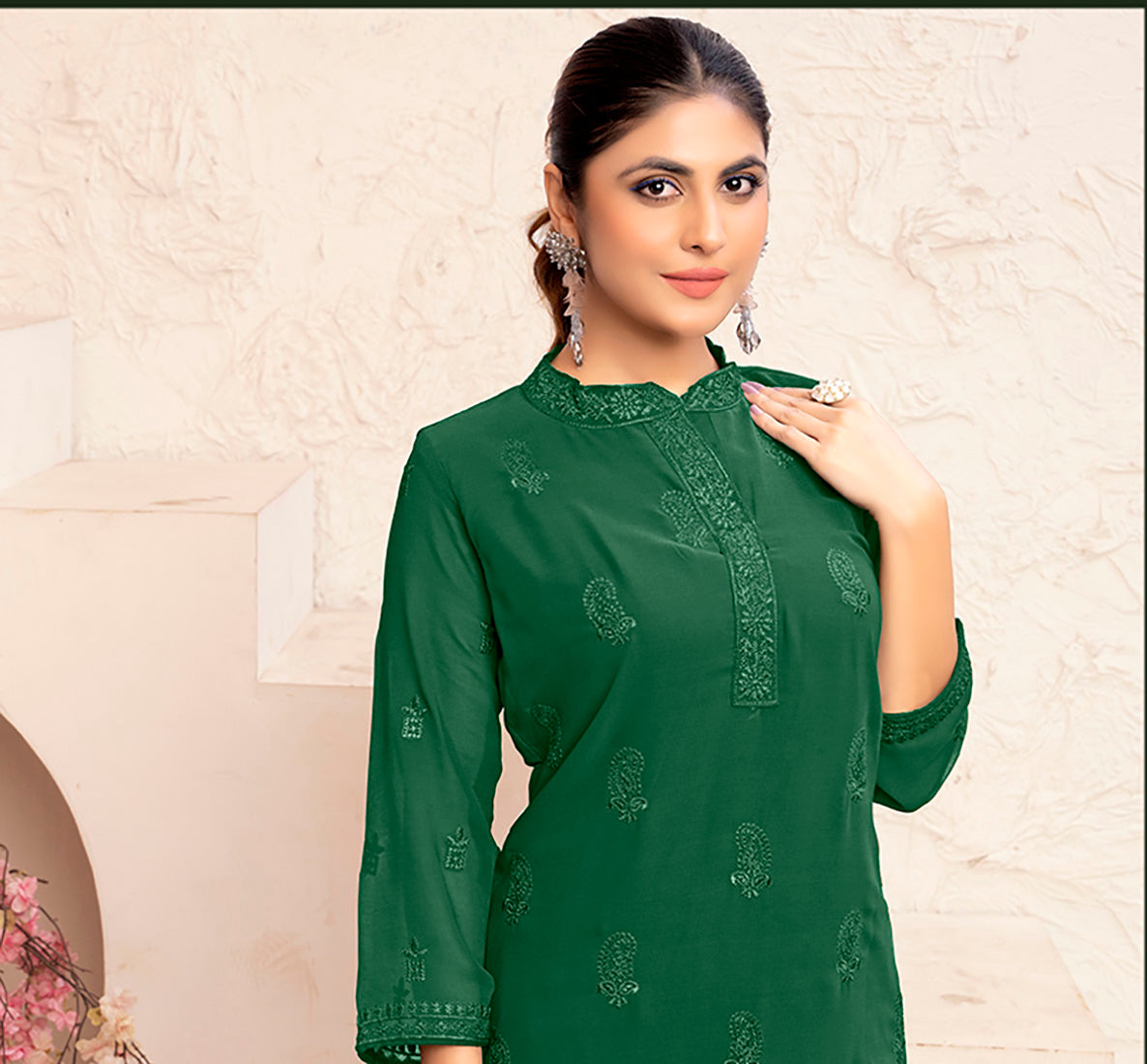 Monjolika Fashion Dark Green Georgette Embroidered Work Party Pant Style Suit | Grocsy