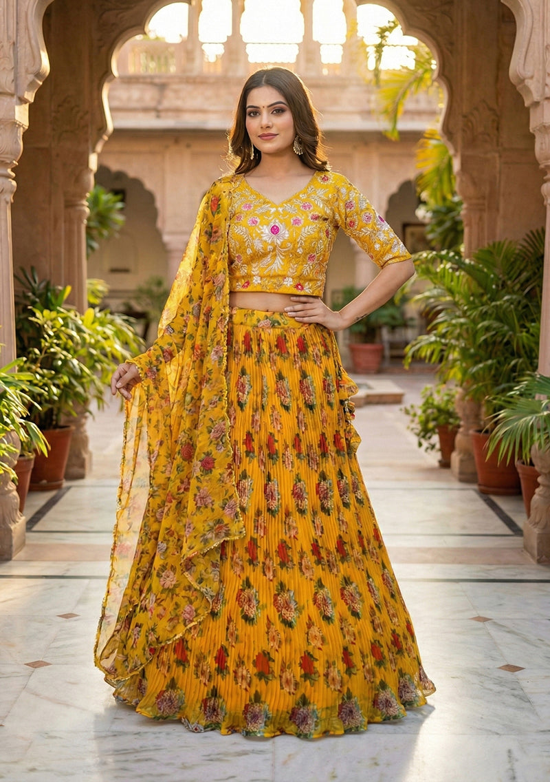 Monjolika Fashion Yellow Floral Printed Organza Lehenga Choli | Grocsy