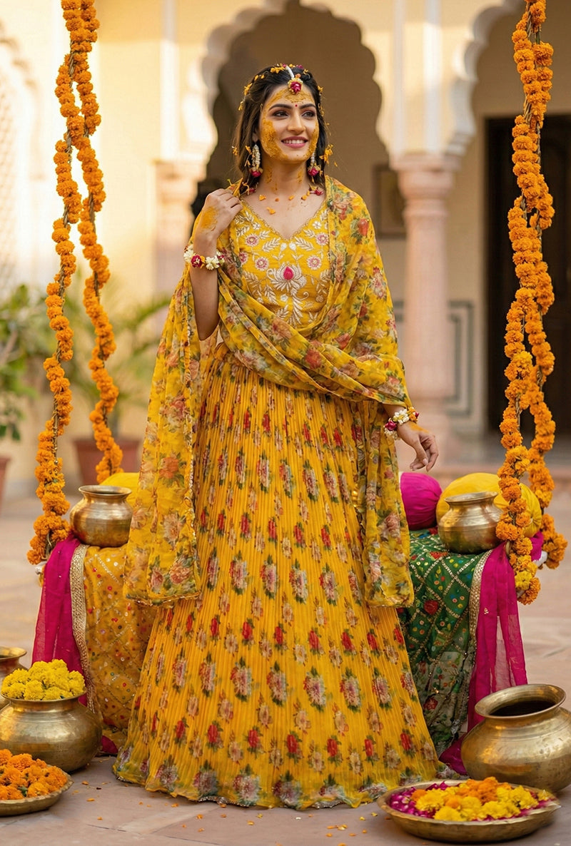 Monjolika Fashion Yellow Floral Printed Organza Lehenga Choli | Grocsy