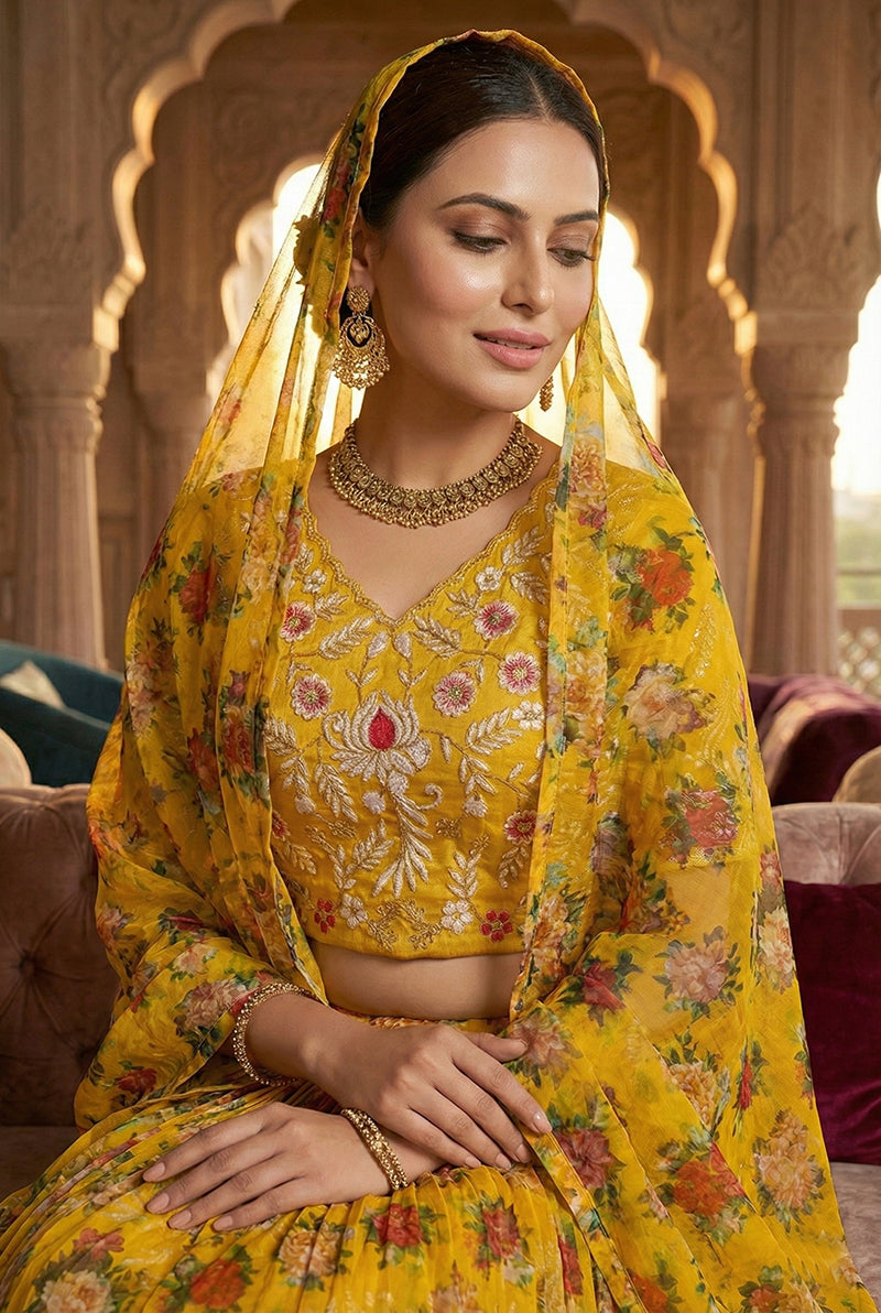 Monjolika Fashion Yellow Floral Printed Organza Lehenga Choli | Grocsy
