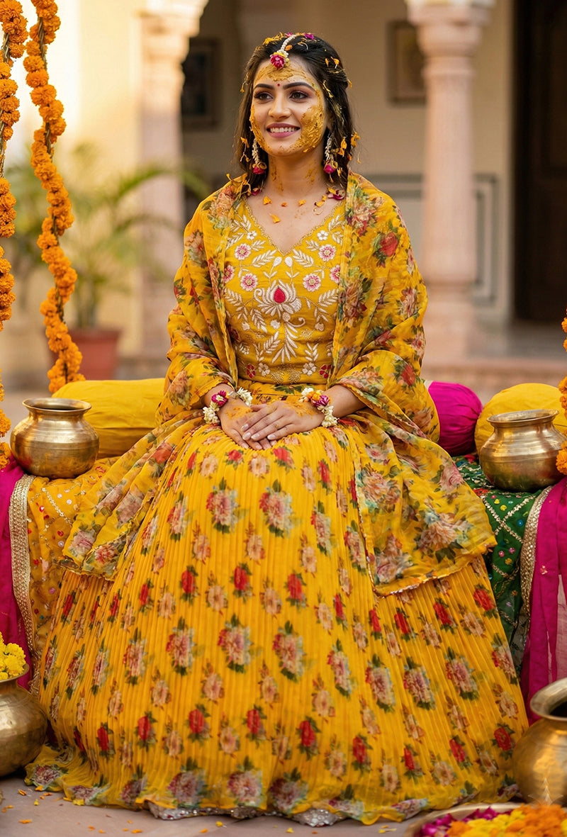 Monjolika Fashion Yellow Floral Printed Organza Lehenga Choli | Grocsy