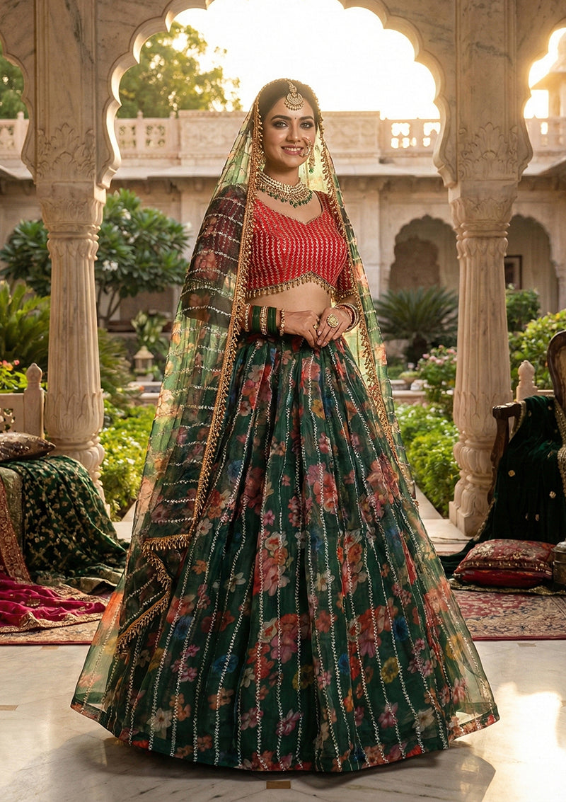 Monjolika Fashion Dark Green Floral Printed Embroidered Organza Lehenga Choli | Grocsy