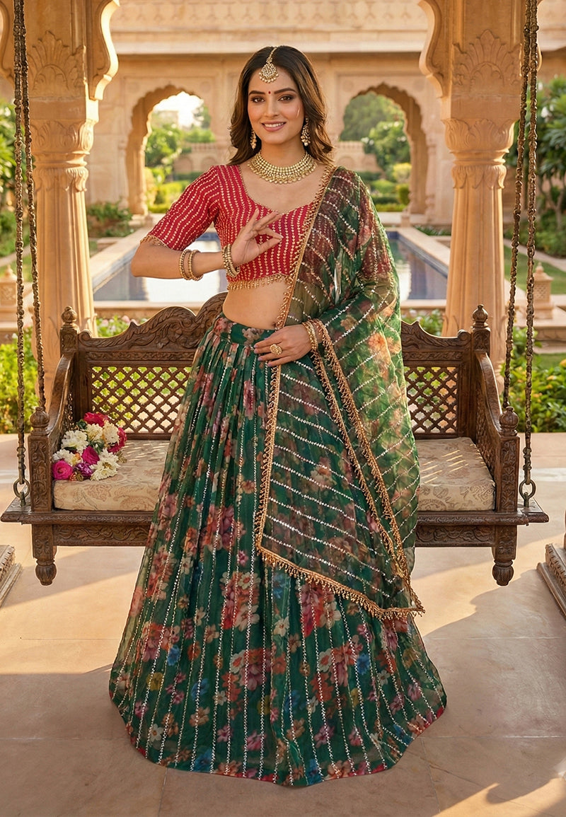 Monjolika Fashion Dark Green Floral Printed Embroidered Organza Lehenga Choli | Grocsy
