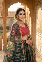 Monjolika Fashion Dark Green Floral Printed Embroidered Organza Lehenga Choli | Grocsy