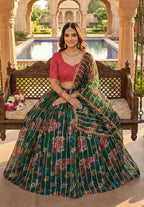 Monjolika Fashion Dark Green Floral Printed Embroidered Organza Lehenga Choli | Grocsy