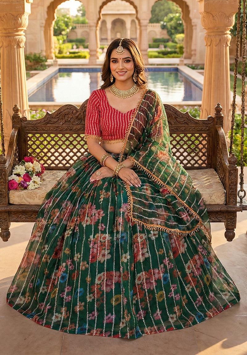 Monjolika Fashion Dark Green Floral Printed Embroidered Organza Lehenga Choli | Grocsy