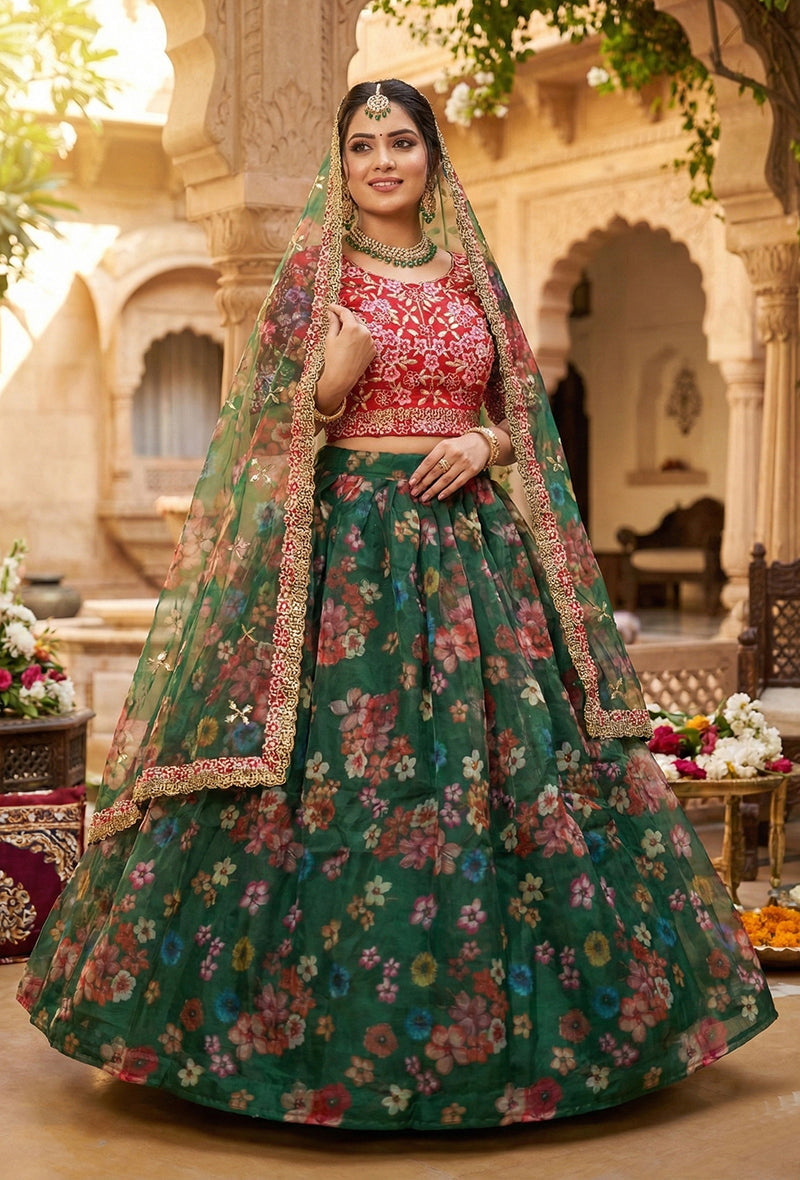 Monjolika Fashion Dark Green Floral Printed Organza Lehenga Choli | Grocsy