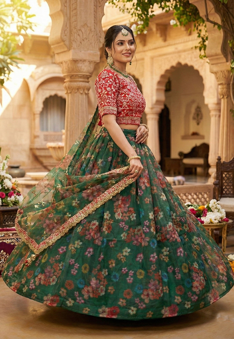 Monjolika Fashion Dark Green Floral Printed Organza Lehenga Choli | Grocsy