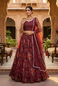 Monjolika Fashion Wine Floral Printed Organza Lehenga Choli | Grocsy