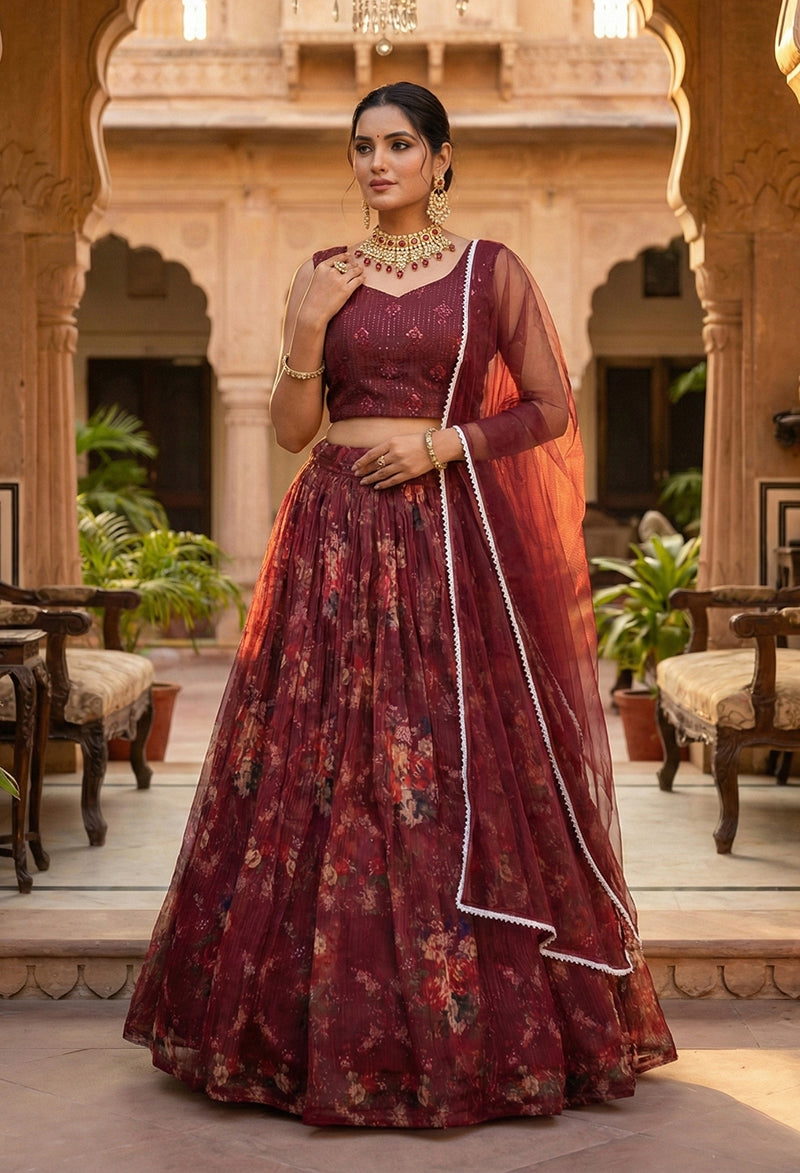 Monjolika Fashion Wine Floral Printed Organza Lehenga Choli | Grocsy