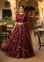 Monjolika Fashion Wine Floral Printed Organza Lehenga Choli | Grocsy