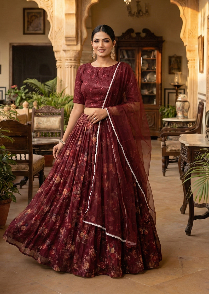 Monjolika Fashion Wine Floral Printed Organza Lehenga Choli | Grocsy