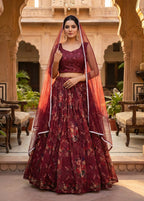 Monjolika Fashion Wine Floral Printed Organza Lehenga Choli | Grocsy