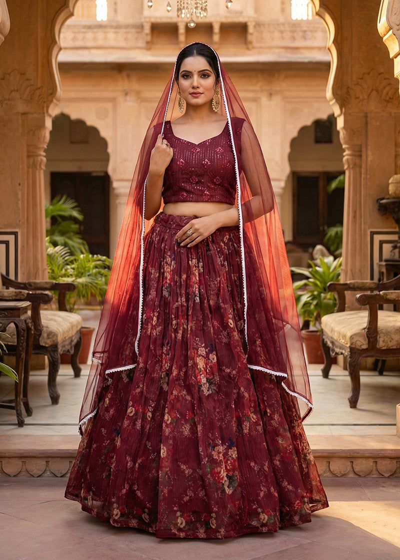 Monjolika Fashion Wine Floral Printed Organza Lehenga Choli | Grocsy
