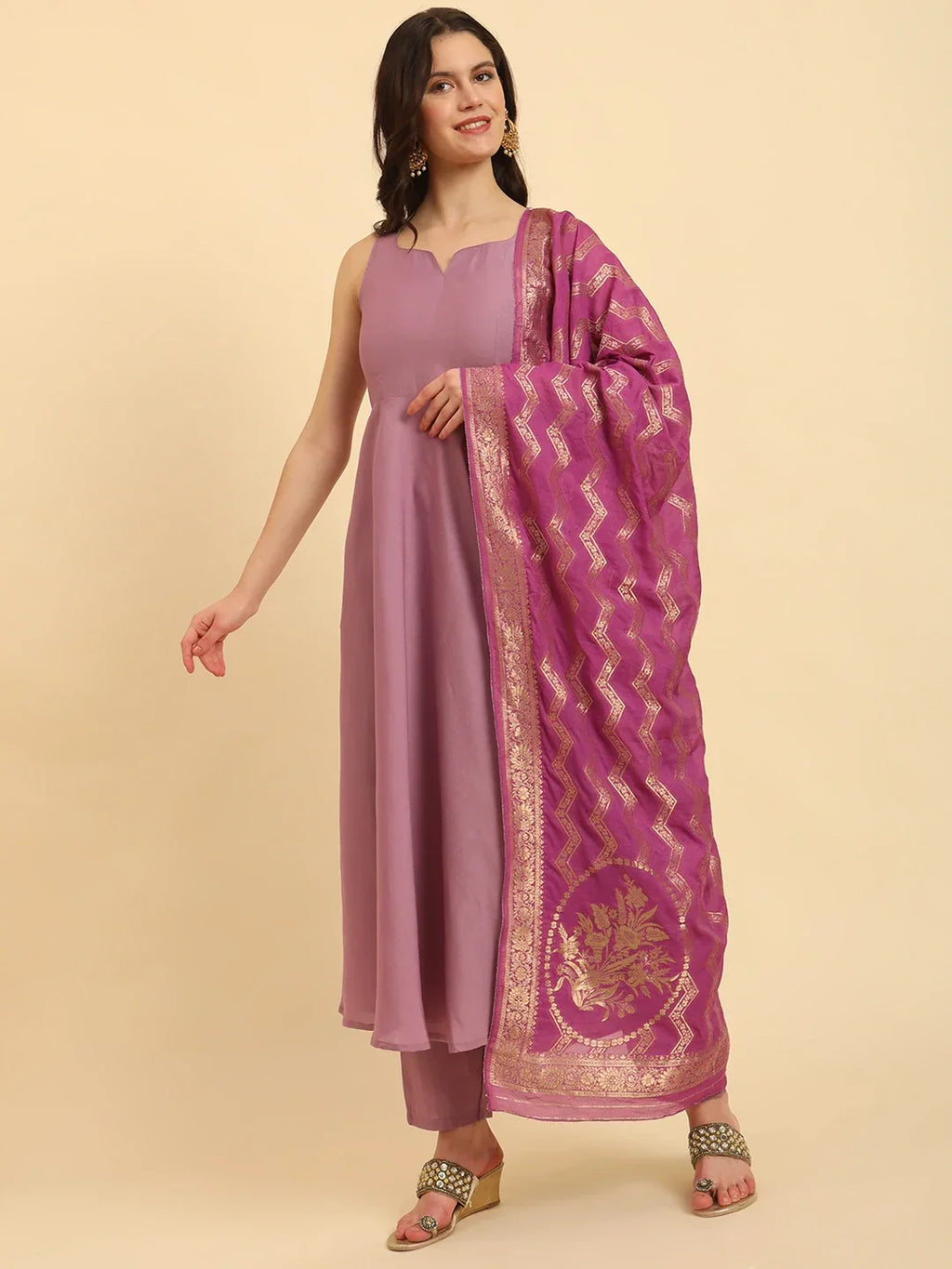 Yufta Purple Silk Sleeveless Kurta With Pant Banarasi Dupatta Set | Grocsy