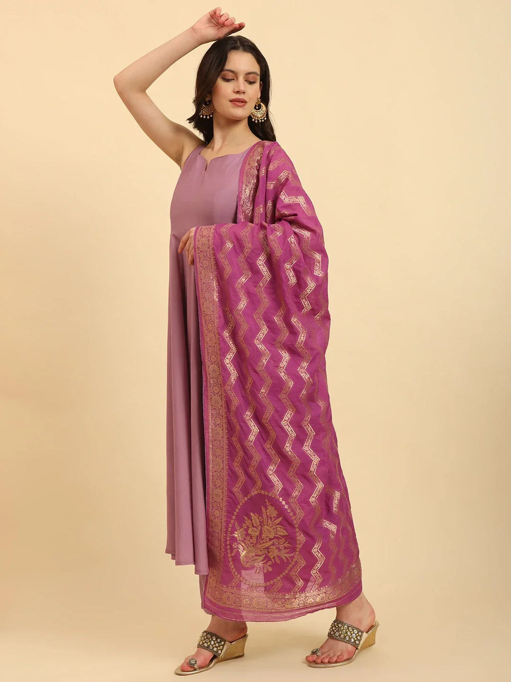 Yufta Purple Silk Sleeveless Kurta With Pant Banarasi Dupatta Set | Grocsy