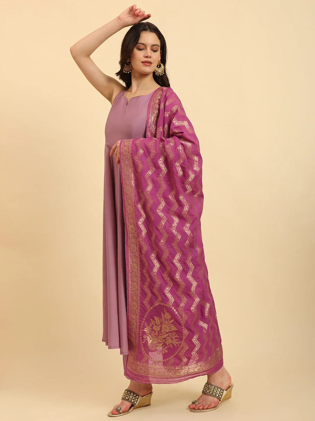 Yufta Purple Silk Sleeveless Kurta With Pant Banarasi Dupatta Set | Grocsy