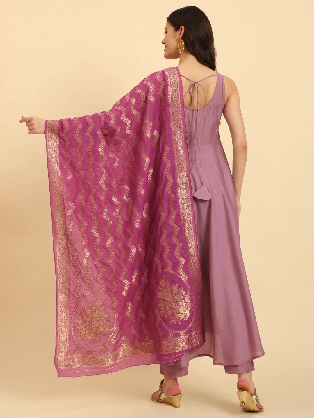 Yufta Purple Silk Sleeveless Kurta With Pant Banarasi Dupatta Set | Grocsy