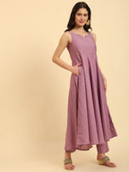 Yufta Purple Silk Sleeveless Kurta With Pant Banarasi Dupatta Set | Grocsy