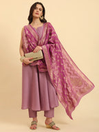 Yufta Purple Silk Sleeveless Kurta With Pant Banarasi Dupatta Set | Grocsy