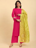 Yufta Pink Silk Flared Sleeves Kurta With Palazzo Banarasi Dupatta Set | Grocsy
