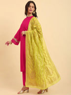Yufta Pink Silk Flared Sleeves Kurta With Palazzo Banarasi Dupatta Set | Grocsy