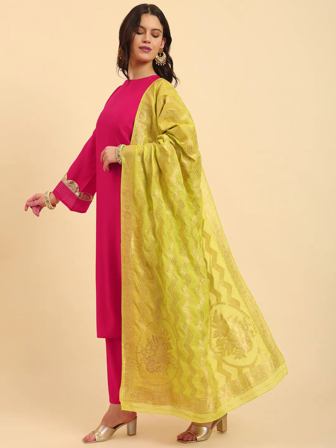 Yufta Pink Silk Flared Sleeves Kurta With Palazzo Banarasi Dupatta Set | Grocsy